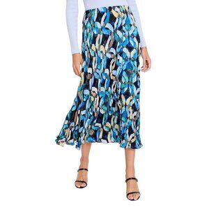 NIC + ZOE Women's Size XS Waves Link Flowy Pleats Blue Black Midi Skirt NEW